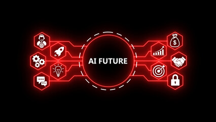 Fototapeta premium AI FUTURE concept with glowing technology icons on a dark background. Futuristic digital network showing business growth, startup ideas, strategy, security, target achievement, 