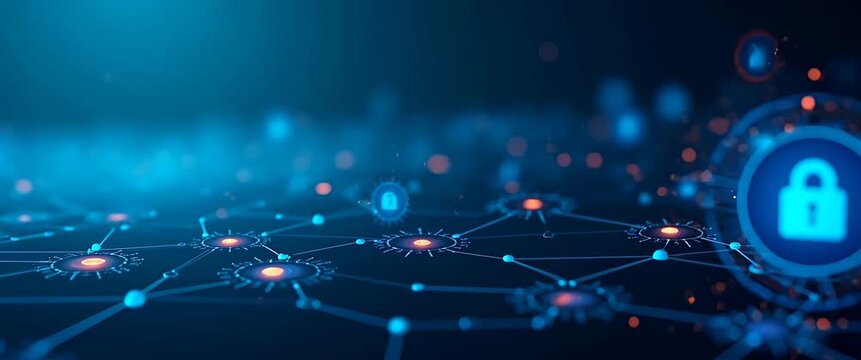 Digital network security concept with glowing lock icons; cinematic style; dynamic camera pan across a futuristic web of interconnected nodes; lights flicker gently in ambient motion.