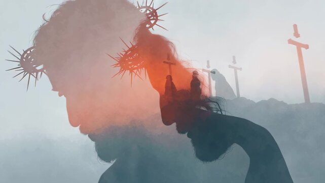 Jesus Christ profile with crown of thorns and Golgotha scene overlay. Christian religious theme for Good Friday and Easter.