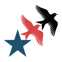 Naklejka premium Abstract illustration featuring two flying bird silhouettes in black and red colors next to a large blue star shape symbolizing freedom nature and decorative patriotic elements for design projects