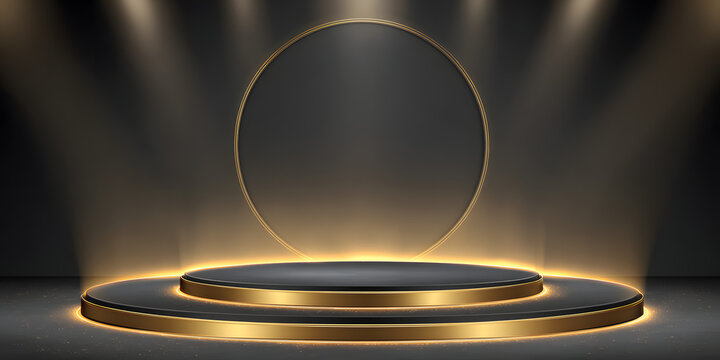 Elegant presentation stage features a round, elevated platform with a gold trim, creating a sense of luxury. The backdrop showcases a large circular shape also accented with gold.