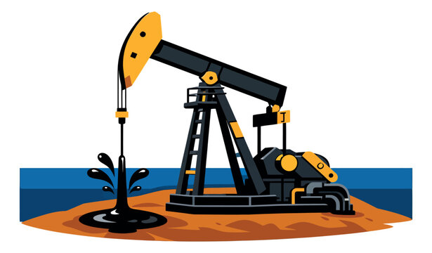 Stylized illustration of an oil pumpjack depicting crude oil gushing for energy production