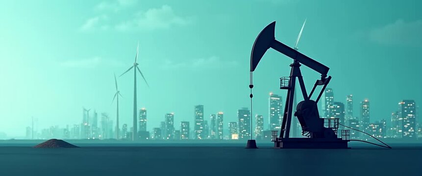 Oil pump jack rhythmically moves against a backdrop of wind turbines and city skyline, with a slow panoramic camera sweep capturing a cinematic contrast between renewable and fossil energy.