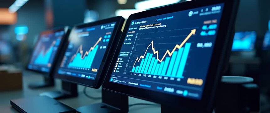 Dynamic financial trading screens display rising stock charts, as the camera slowly pans across a modern office setting with gentle ambient motion, creating a cinematic and professional atmosphere.