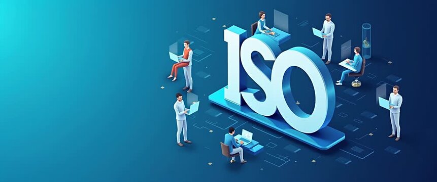 Business professionals interact with digital devices around a large 3D ISO sign, camera slowly pans as ambient lights flicker, creating a cinematic, futuristic office atmosphere.