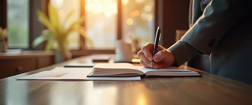 Business professional writing notes at a sunlit desk, with a gentle camera pan capturing warm cinematic lighting and soft ambient motion from swaying leaves outside the window.