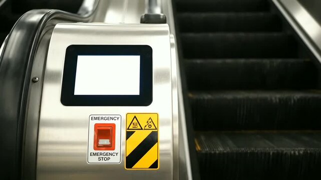Close-up view of an escalator's safety control panel with a prominent emergency stop button and blank display.