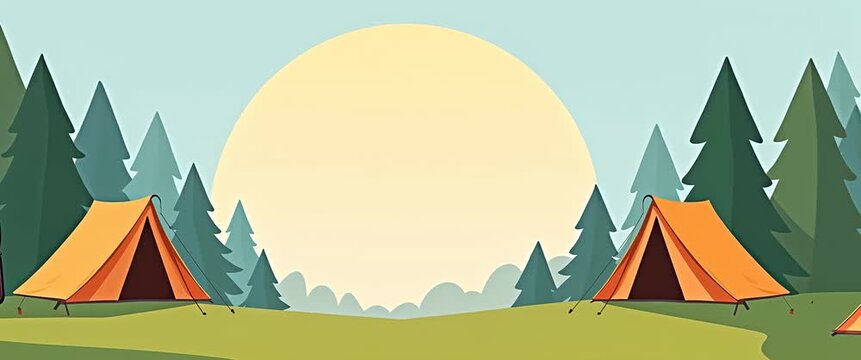 Cinematic sunrise over tranquil camping scene with tents gently swaying, camera slowly panning across serene forest landscape, capturing essence of outdoor adventure and nature's beauty.