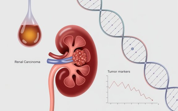 Illustration of kidney with renal carcinoma and DNA double helix representing tumor markers