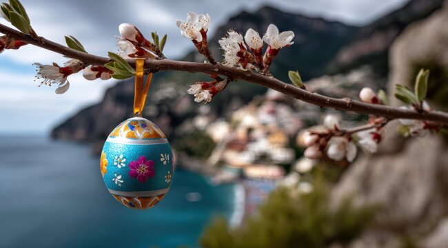 Bemaltes Osterei am bl&uuml;henden Zweig mit K&uuml;stenlandschaft im Fr&uuml;hling