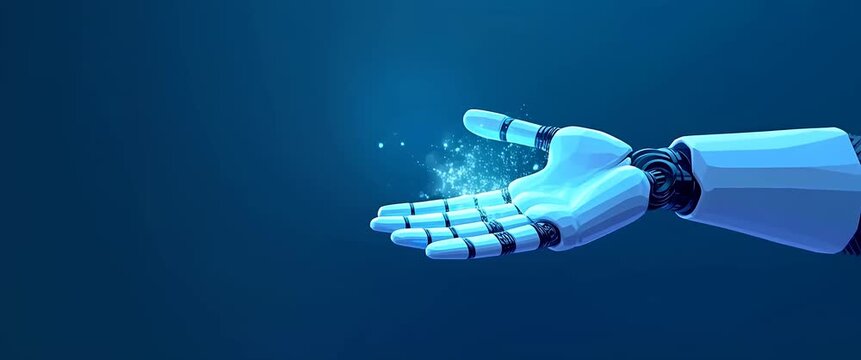 Futuristic robotic hand gently opens, releasing glowing particles into the air, as the camera pans slowly across a minimalist blue background, evoking a cinematic exploration of artificial intelligenc