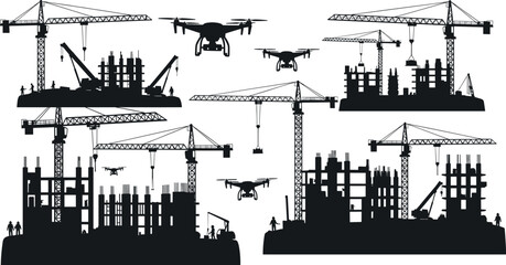 Construction site silhouettes with tower cranes and drones, modern building development, industrial architecture infrastructure illustration isolated on white background