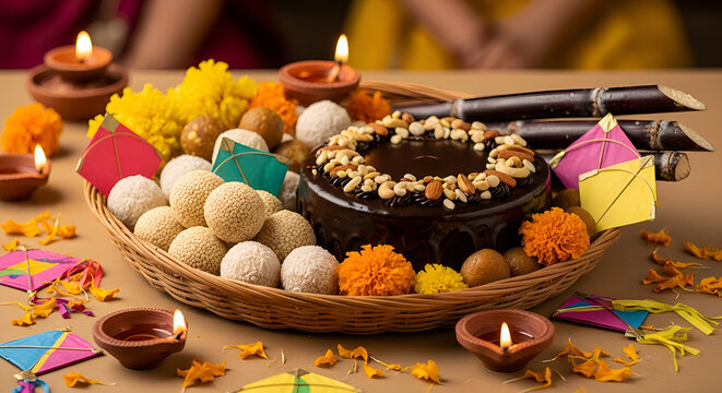 chocolate cupcakes with chocolate frosting, chocolate cake with nuts, chocolate cake with nuts, Traditional Indian Til Ladoo and gulab jaman in Woven Basket for Makar Sankranti Festival. Festive Sesam