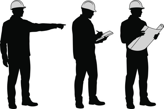Construction supervisor silhouette set pointing, writing checklist and reading blueprint, engineer foreman poses, industrial site planning illustration