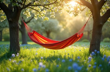 Red hammock strung between trees in sunny spring garden bursting with white apple blossoms. Green grass dotted with small blue flowers creates peaceful outdoor scene. Warm sunlight filters through
