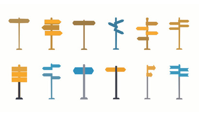 Flat Vector Set of Ten Sign Post Illustrations for Navigation and Guidance © Lipi