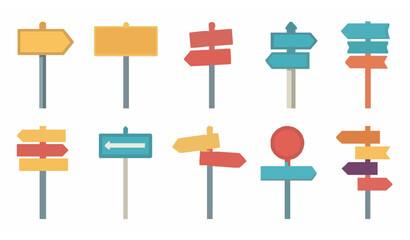 Flat Sign Post Illustration Set of Ten Directional Information Vector Signs © Lipi