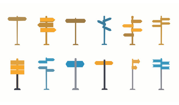 Flat Vector Set of Ten Sign Post Illustrations for Navigation and Guidance