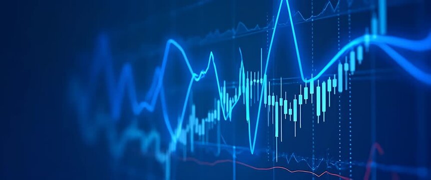 Financial graph lines animate dynamically against a deep blue background, with a slow pan camera movement enhancing the futuristic, cinematic feel, ideal for business presentations.