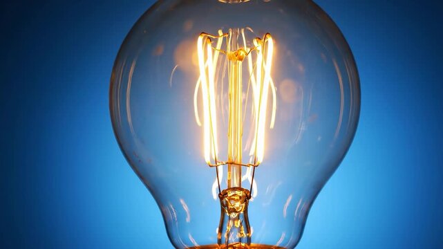 Vintage edison light bulb glowing brightly against a deep blue background