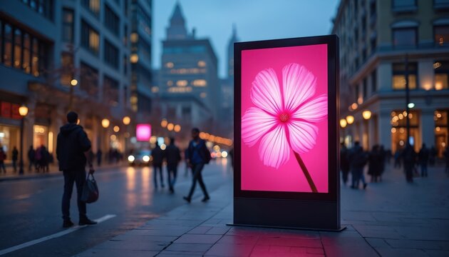 Digital billboard displays pink flower on city street at dusk. Pedestrians walk past buildings and cars on wet road. Urban nighttime advertising board emits bright light.