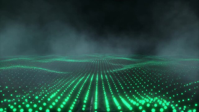 Futuristic dark studio floor featuring abstract glowing green data wave pattern across a digital terrain covered in mysterious atmospheric smoke ideal for technology product background display