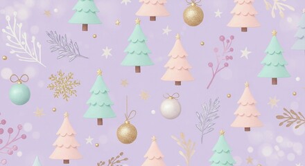 A festive holiday pattern featuring pastel Christmas trees and ornaments on a soft purple background