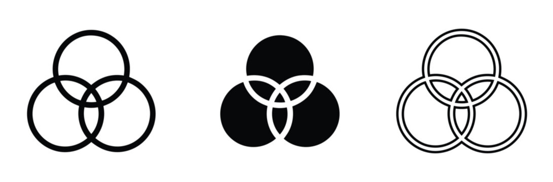 Venn diagram icon set, three overlapping circles vector, intersection chart symbol collection


