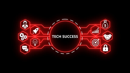 Fototapeta premium TECH SUCCESS concept with glowing technology icons on a dark background. Futuristic digital network showing business growth, startup ideas, strategy, security, target achievement, 