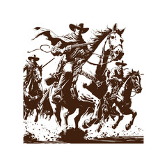 Cowboys riding horses in wild west scene
