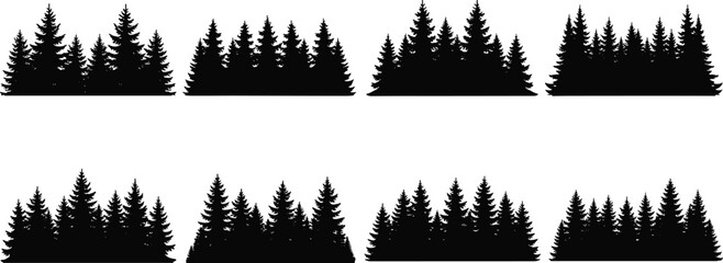 Black Pine Forest Silhouette Vector Set Featuring Various Evergreen Tree Lines and Coniferous Timberland Isolated Illustrations for Nature Landscape Graphic Design and Patterns © MstParul