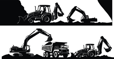 Black silhouette collection of heavy construction machinery featuring excavators, dump trucks, and backhoes working on building sites for industrial engineering and civil development projects. © MstParul