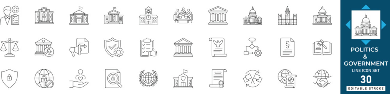politics and government line icon set featuring democracy, election, and public policy symbols. Ideal for news apps, civic websites, and UI design. Fully editable.
