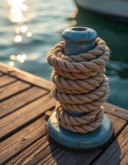 Fototapeta premium Thick braided rope wraps securely around weathered blue metal bollard on strong wooden dock. Golden sun reflects on calm water surface in busy marina. Vital nautical equipment secure mooring point at