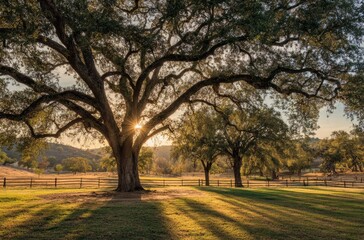 Fototapeta premium Golden Hour Light Through Majestic Oak Tree
