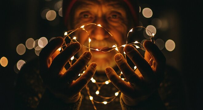 An elderly person holding a string of warm fairy lights in their hands at night