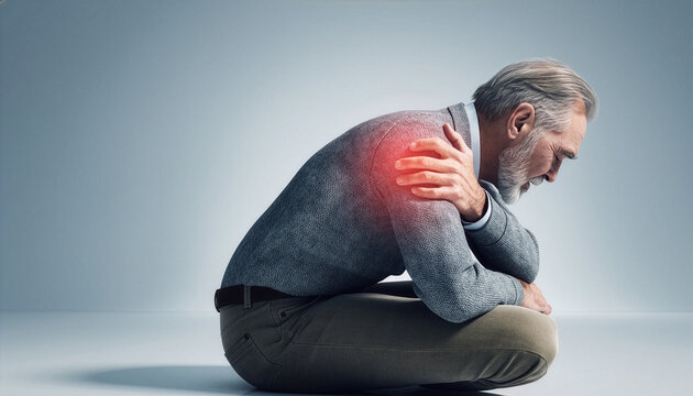 An elderly man sitting on the floor clutching his painful shoulder with a red highlight indicating the source of his discomfort