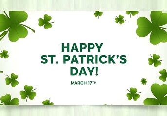 A festive St. Patrick's Day card with green shamrocks and text