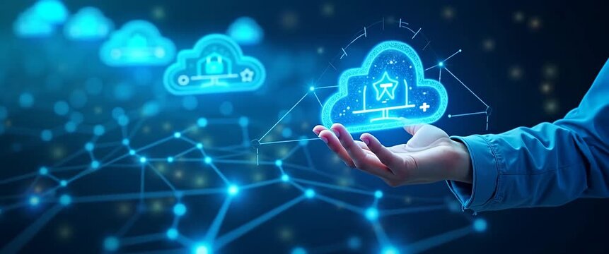 A hand holds a glowing digital cloud icon in a futuristic network, with data points gently pulsing; camera slowly pans across the scene, creating a cinematic, tech-focused ambiance.