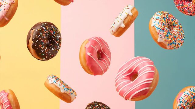 Colorful donuts arranged on a vivid background with various textures
