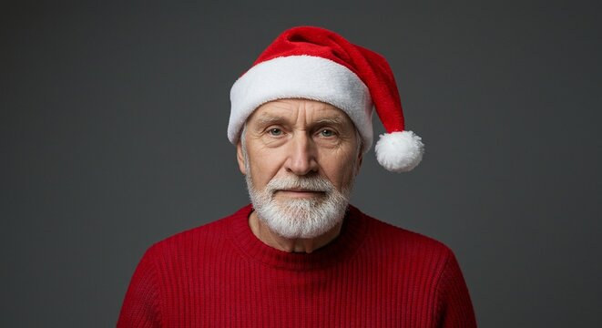 A grumpy old man wearing a Santa hat and a red sweater on a dark background