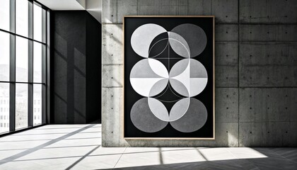 A modern, minimalist room featuring a large geometric abstract painting with concentric circles in shades of white and gray, framed by concrete walls and large windows.