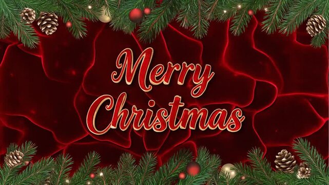 Festive Merry Christmas greeting template background featuring glowing golden red script text winter pine needles baubles and abstract red velvet design