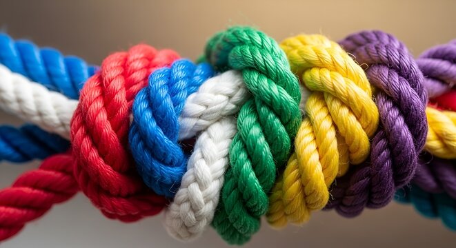colorful ropes tied together, teamwork concept