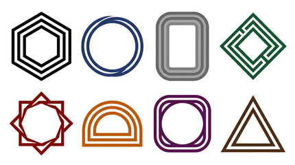 Multicolored geometric frame set including hexagon, circle, rectangle, diamond, star, semicircle, square, and triangle isolated. Minimalist design elements for branding and graphics.