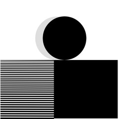 Abstract design featuring a black circle layered over a light gray crescent, alongside horizontal stripes and solid black blocks.