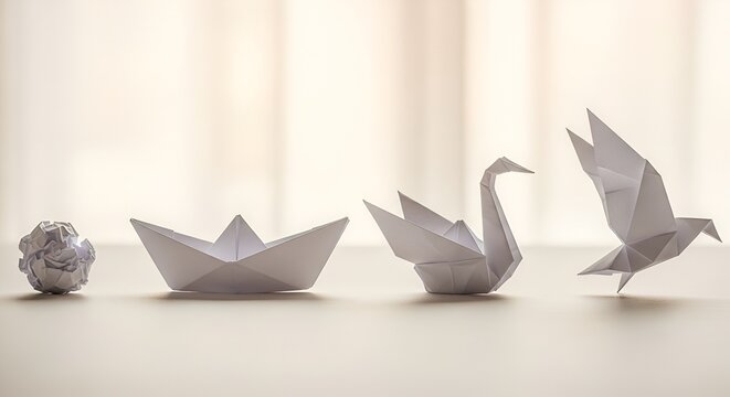origami paper art transformation, from crumpled to flying bird