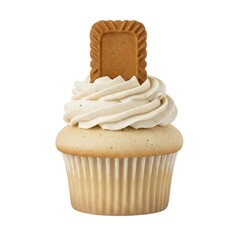 Delicious vanilla cupcake with creamy frosting and biscuit on top