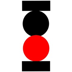 Geometric abstract art featuring a black circle, a red circle, and black rectangles arranged vertically.