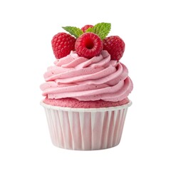 Delicious pink cupcake with raspberry frosting and fresh berries on top